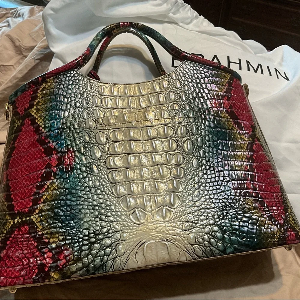 Brahmin Red and Green Crocodile-Embossed Tote - Picture 4 of 6